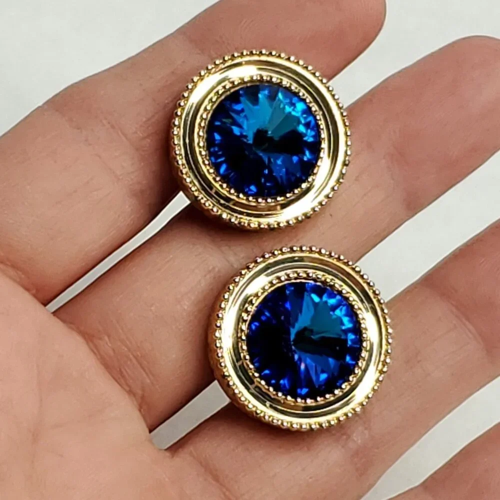 Vintage Rivoli Cufflinks Gold Tone Blue Rhinestone Sparkles